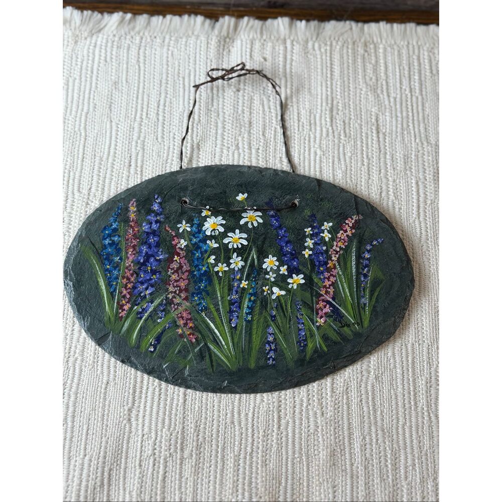 Hand Painted Slate Stone Floral Wall Hanging Signed Cottagecore Garden Decor